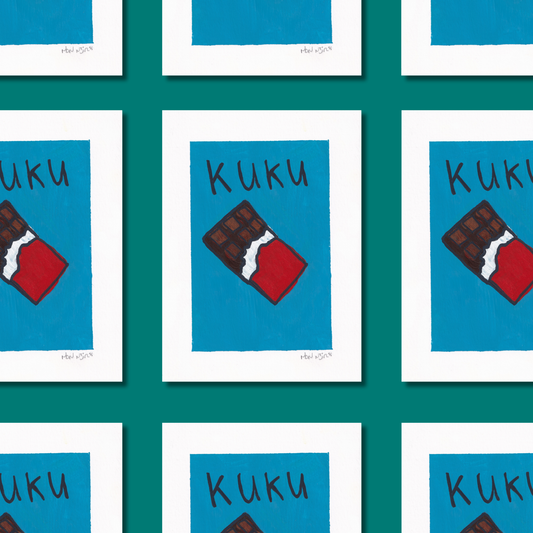 Hand-painted artwork of a chocolate bar on a blue background with the Inuktitut word ‘Kuku,’ meaning chocolate. Shown against a coral backdrop.