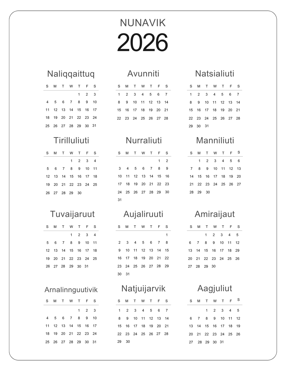 Inuktitut 2026 Nunavik Calender
