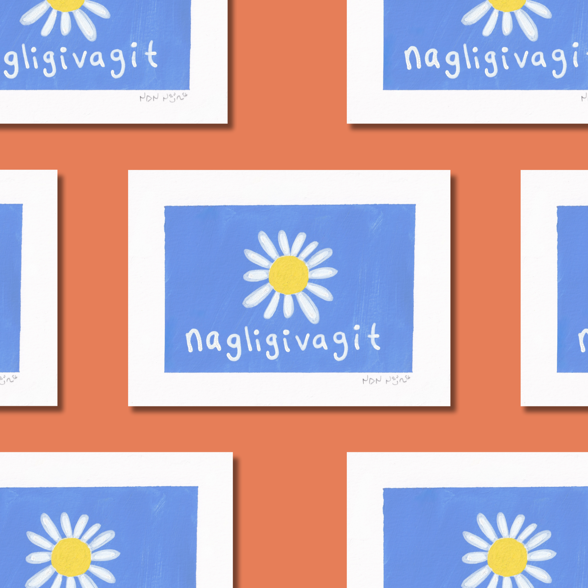 Patterned layout featuring multiple hand-painted ‘Nagligivagit’ artworks, each depicting a white daisy with a bright yellow centre on a vivid blue background. The Inuktitut word ‘Nagligivagit,’ meaning ‘I love you,’ appears in soft white lettering beneath the flower. The pieces are arranged in a repeating grid against a warm coral background, creating a cheerful and affectionate visual rhythm.
