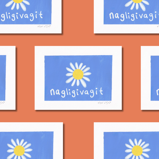 Patterned layout featuring multiple hand-painted ‘Nagligivagit’ artworks, each depicting a white daisy with a bright yellow centre on a vivid blue background. The Inuktitut word ‘Nagligivagit,’ meaning ‘I love you,’ appears in soft white lettering beneath the flower. The pieces are arranged in a repeating grid against a warm coral background, creating a cheerful and affectionate visual rhythm.