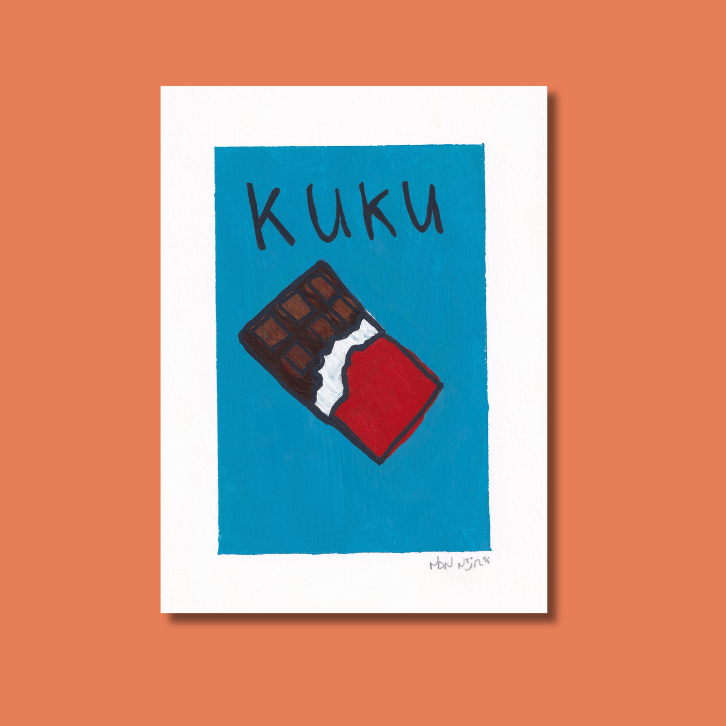 Hand-painted artwork of a chocolate bar on a blue background with the Inuktitut word ‘Kuku,’ meaning chocolate. Shown against a coral backdrop.