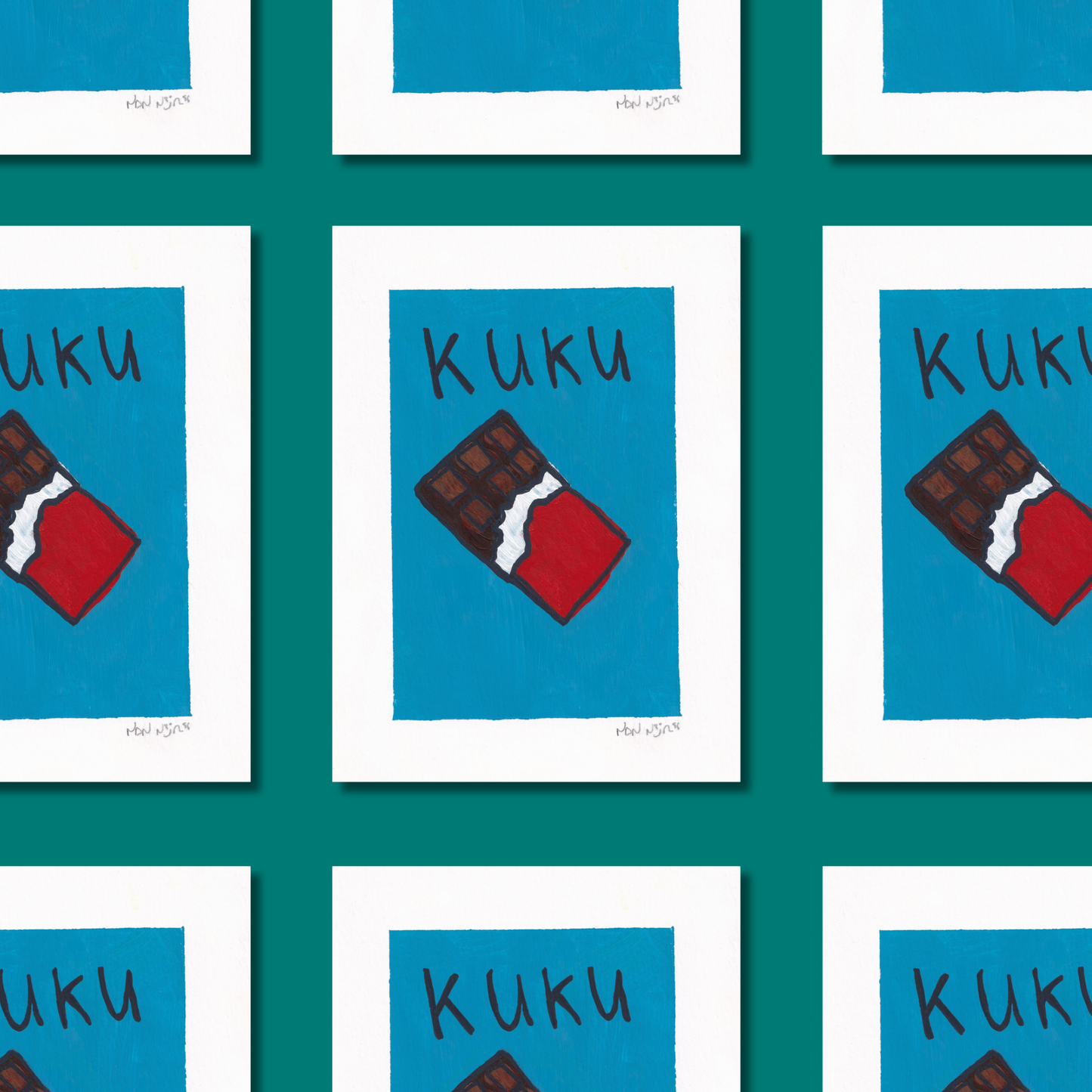 Hand-painted artwork of a chocolate bar on a blue background with the Inuktitut word ‘Kuku,’ meaning chocolate. Shown against a coral backdrop.