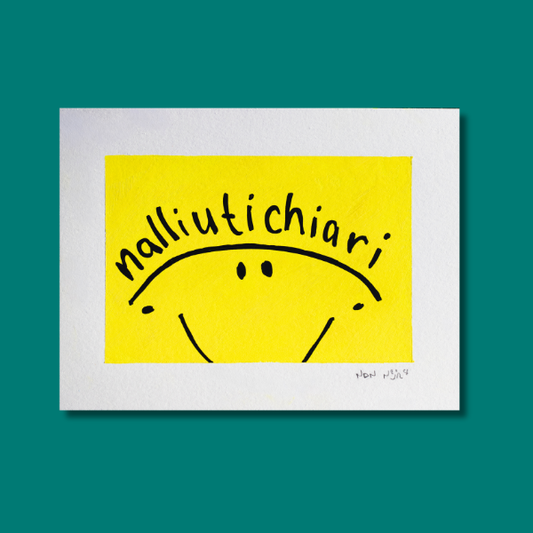 Hand-painted artwork titled ‘Nalliutichiarit,’ featuring a minimalist black smiley face on a bright yellow background. The Inuktitut word ‘Nalliutichiarit,’ meaning ‘Happy Birthday,’ arches playfully above the smiling face. Set against a teal backdrop, the piece radiates optimism and joy, blending language and emotion in a simple, celebratory form.