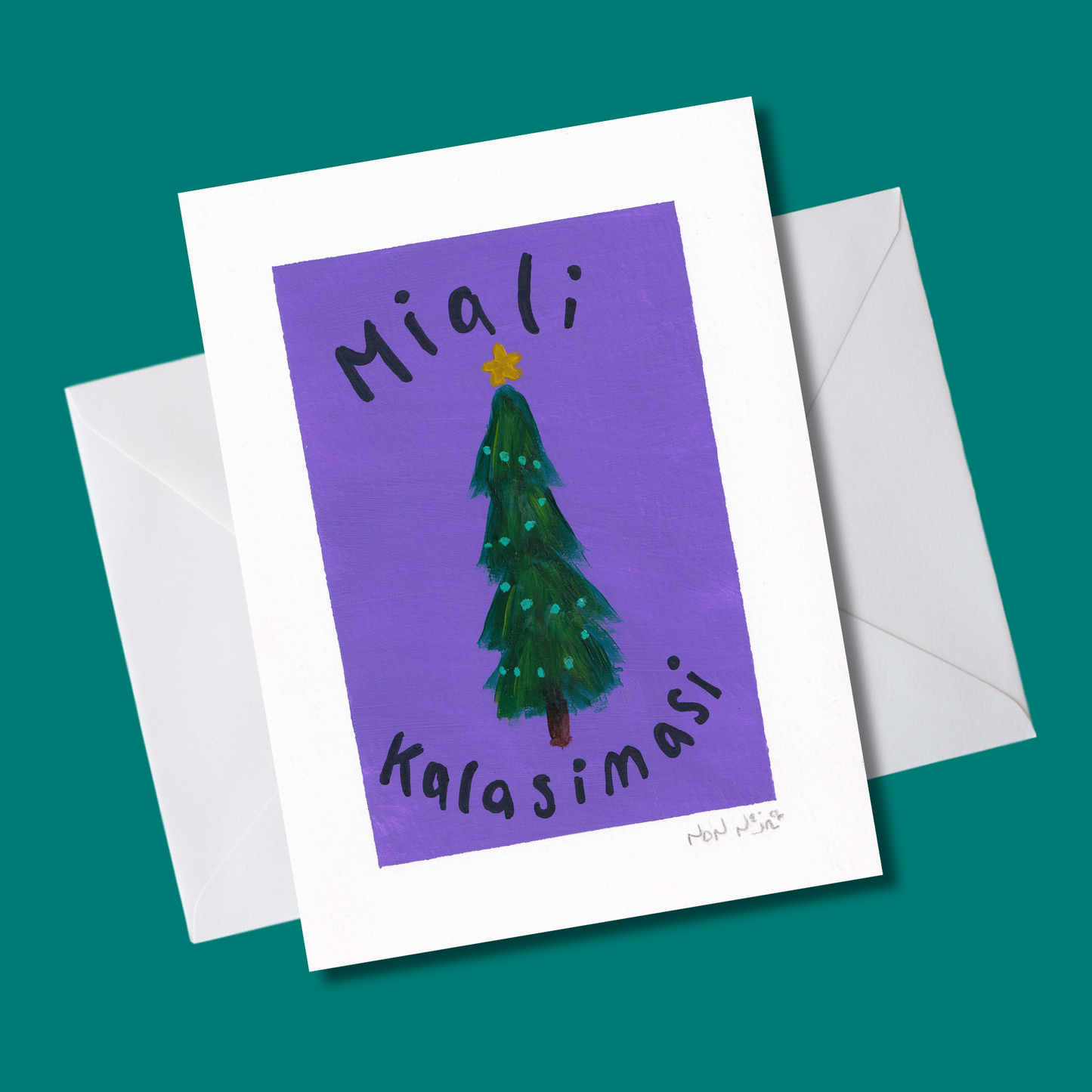 Hand-painted artwork titled ‘Miali Kalasimasi,’ featuring a tall green Christmas tree with soft turquoise ornaments and a golden star at the top, centered on a vivid purple background. The text ‘Miali Kalasimasi,’ meaning ‘Merry Christmas,’ arcs above and below the tree in bold black lettering. The piece is angled slightly to the right and set against a deep teal background with a white envelope, creating a modern, festive presentation with rich contrasting tones.