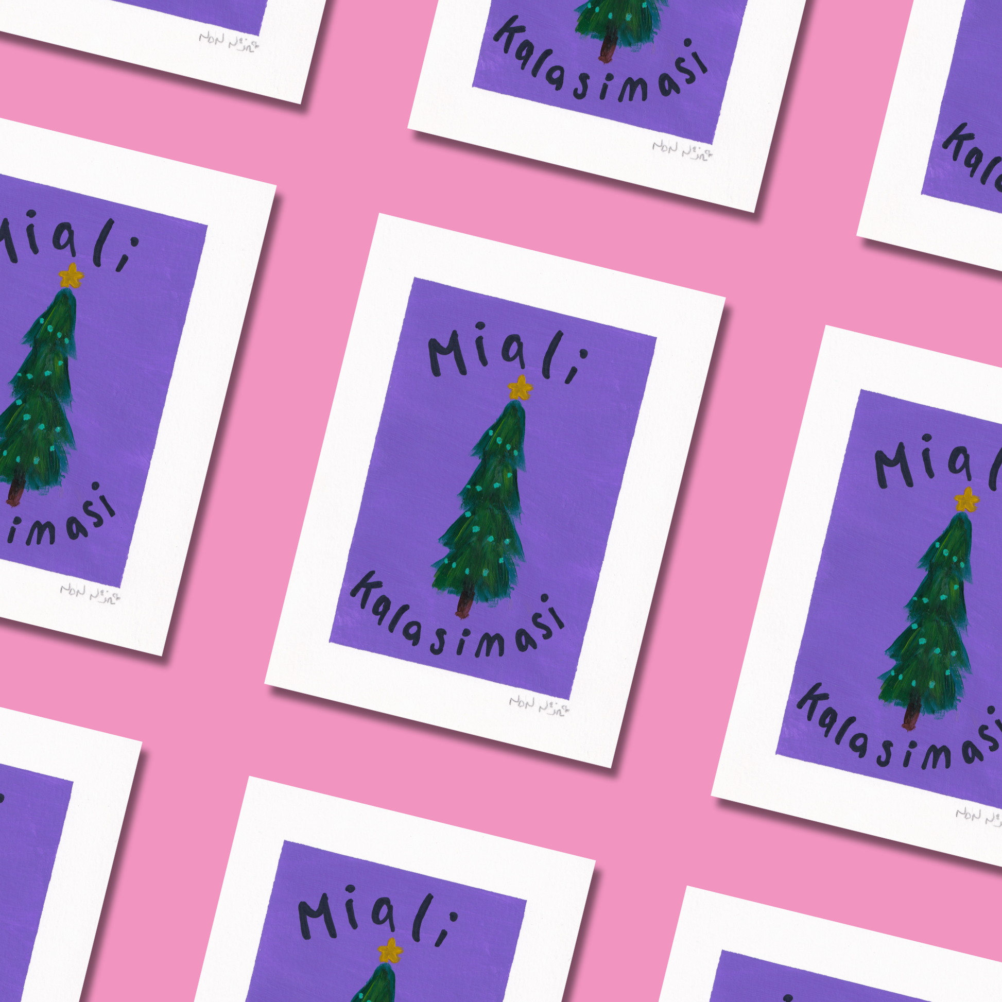 Repeating layout of the hand-painted artwork ‘Miali Kalasimasi,’ featuring multiple illustrations of a green Christmas tree with teal ornaments and a golden star on a bright purple background. The Inuktitut and Romanized text ‘Miali Kalasimasi,’ meaning ‘Merry Christmas,’ is written around the tree in black lettering. The artworks are arranged in a diagonal grid across a vibrant pink background, creating a cheerful, festive display.