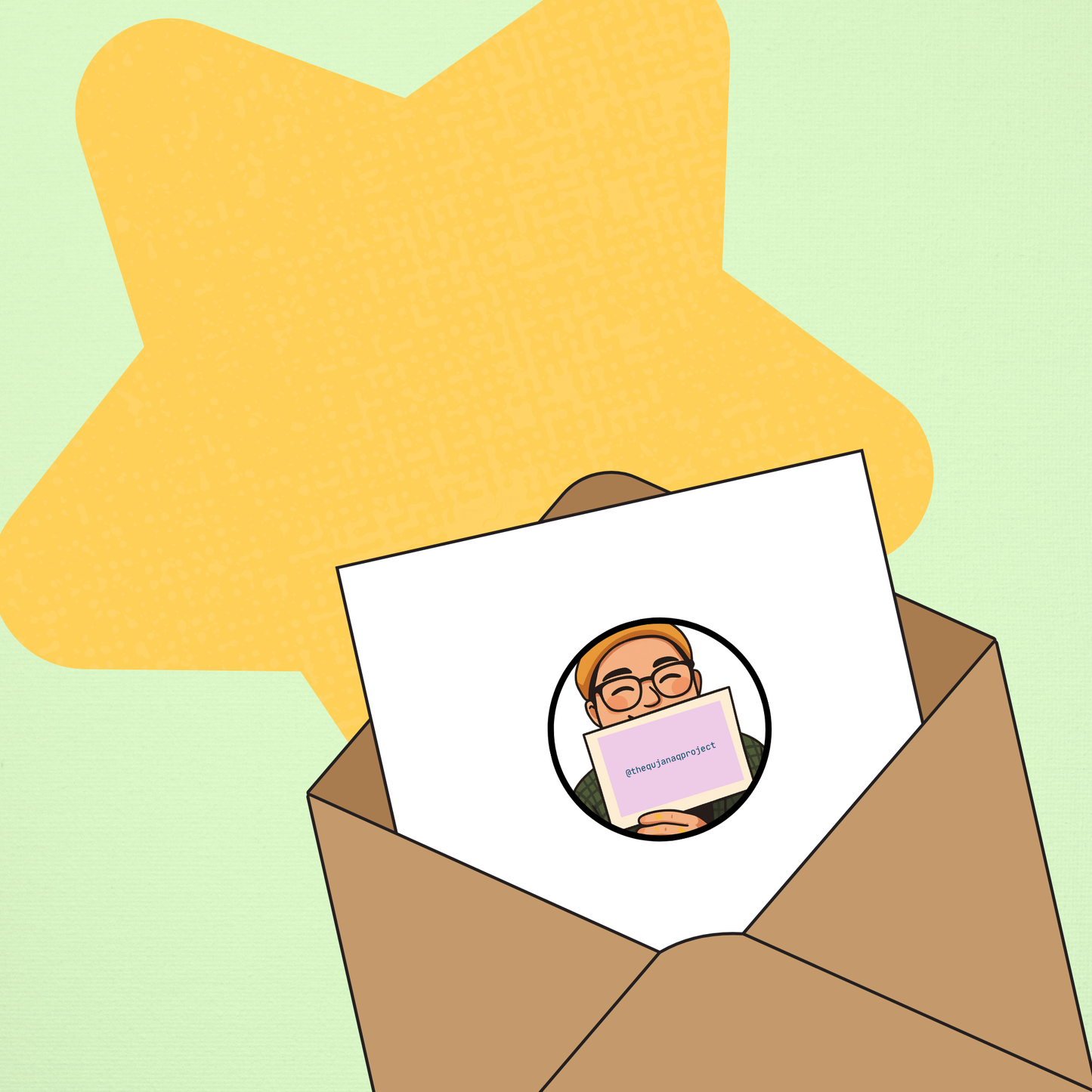 Brown envelope with logo illustration of Chelsea holding a mauve @thequjanaqproject with a green background and yellow star.