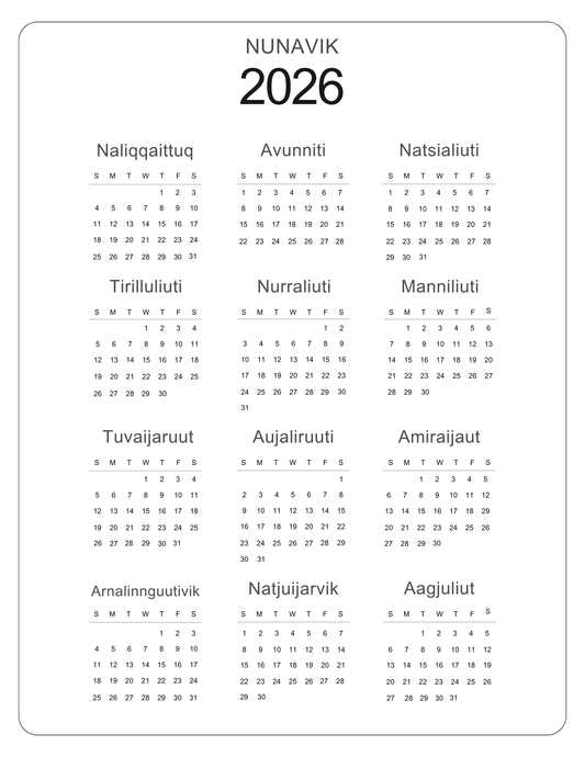Inuktitut 2026 Nunavik Calender