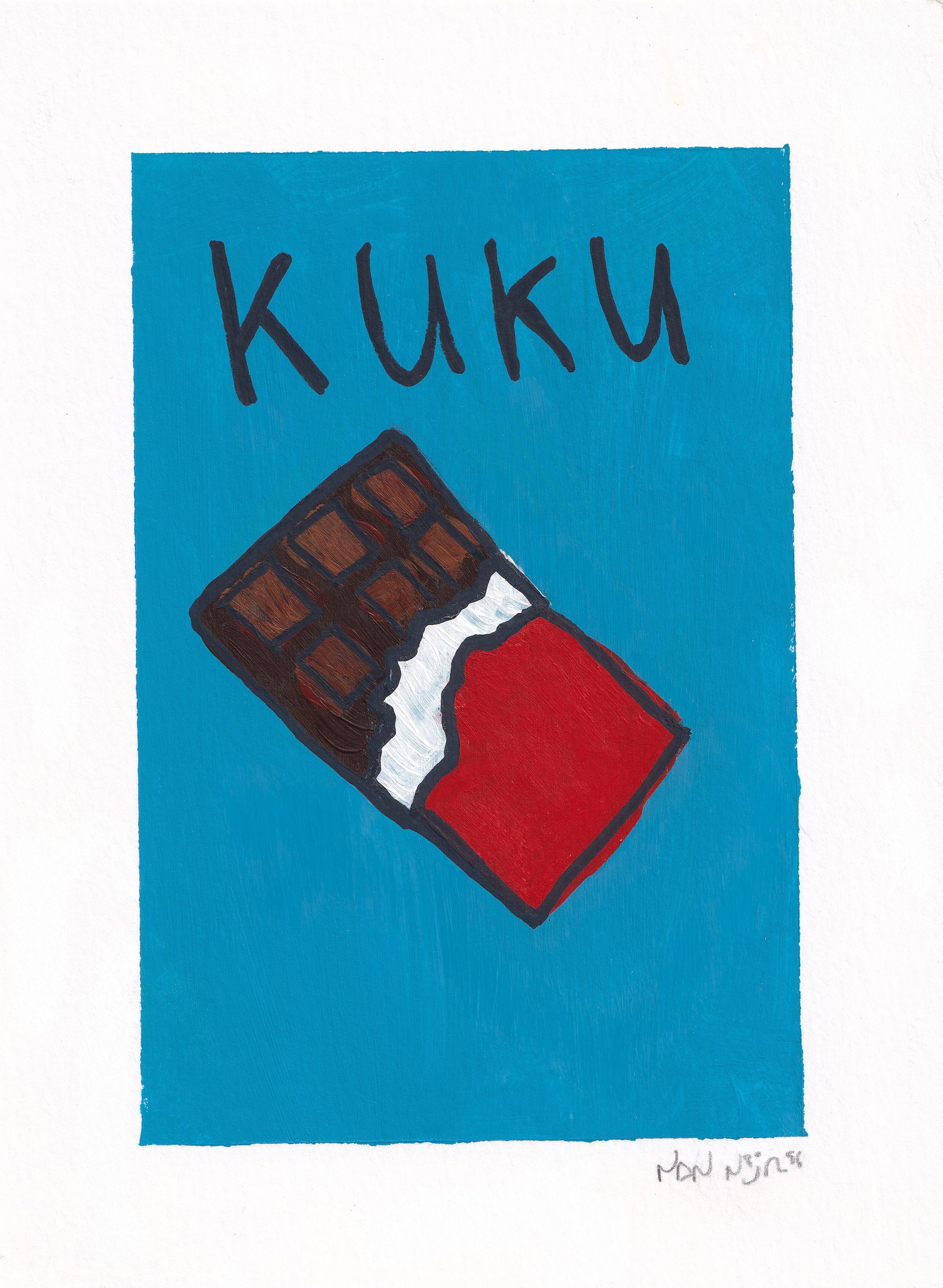 Hand-painted artwork titled ‘Kuku,’ depicting a bitten chocolate bar wrapped in red foil against a vivid blue background. The bold Inuktitut word ‘Kuku,’ meaning ‘chocolate,’ appears above, balancing playfulness with graphic simplicity and rich brush texture.