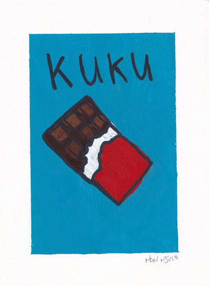 Hand-painted artwork titled ‘Kuku,’ depicting a bitten chocolate bar wrapped in red foil against a vivid blue background. The bold Inuktitut word ‘Kuku,’ meaning ‘chocolate,’ appears above, balancing playfulness with graphic simplicity and rich brush texture.
