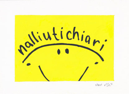 Full view of a hand-painted artwork titled ‘Nalliutichiarit,’ featuring a minimalist black smiley face and curved text spelling the Inuktitut word ‘Nalliutichiarit,’ meaning ‘Happy Birthday,’ across a vivid yellow background. The composition captures a sense of cheer and warmth through its bold simplicity and joyful color.