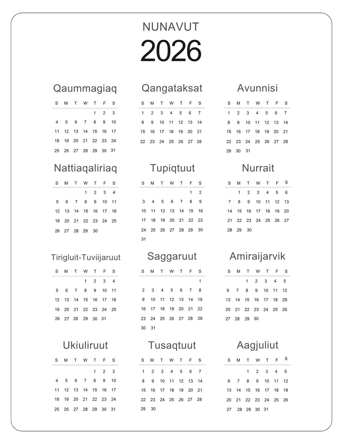 Inuktitut 2026 Yearly Calender Baffin