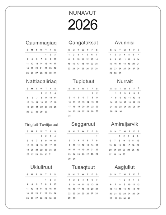 Inuktitut 2026 Yearly Calender Baffin
