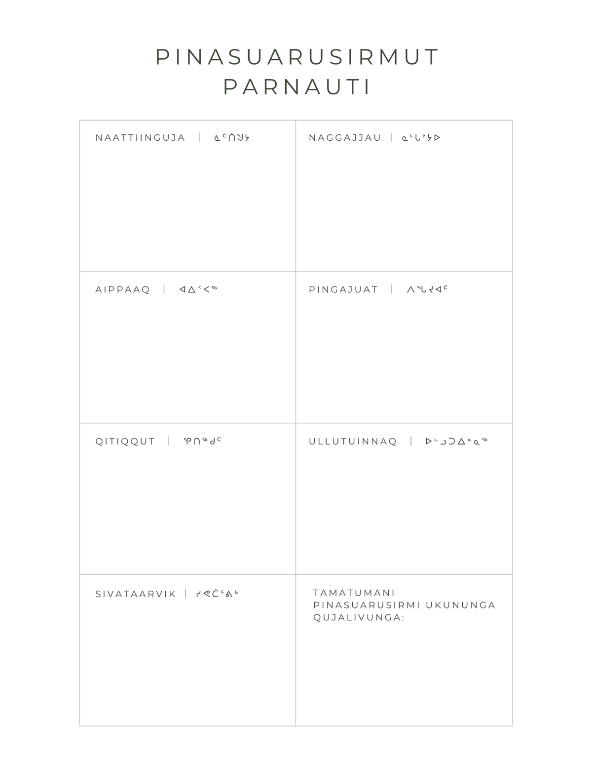 Inuktitut Weekly Planner- Sunday Start
