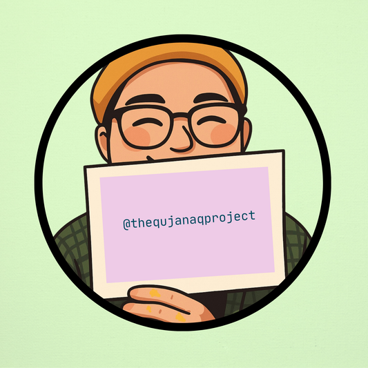 Illustration of a Chelsea holding a sign with '@thequjanaqproject' on a light green background